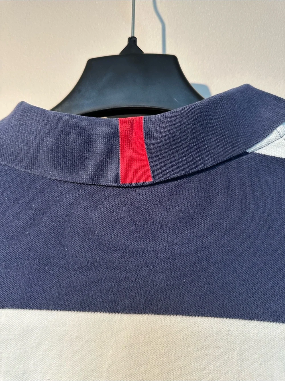 Ralph Lauren Navy and White Striped Rugby Style Polo with Red Pony US Flag